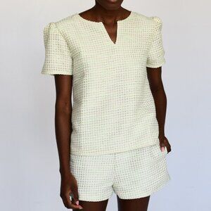 Never a Wallflower Mint Tweed V Neck Short Sleeve Top